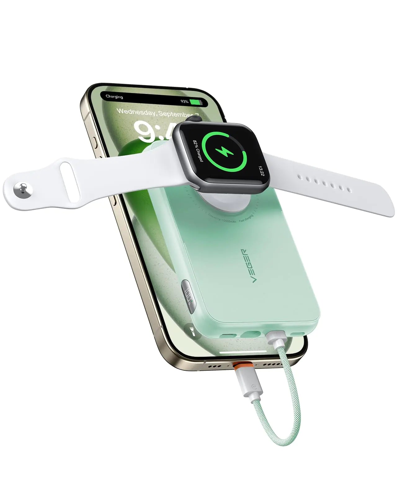 VEGER Portable Charger with Built in Cable(Removable), 10000mAh Mini Power Bank Battery Pack, PD 20W Fast Charger Travel Accessory Compatible with iPhone 15/14/13 Pro Max, Sumsang, Apple Watch - Green - Catch Cards