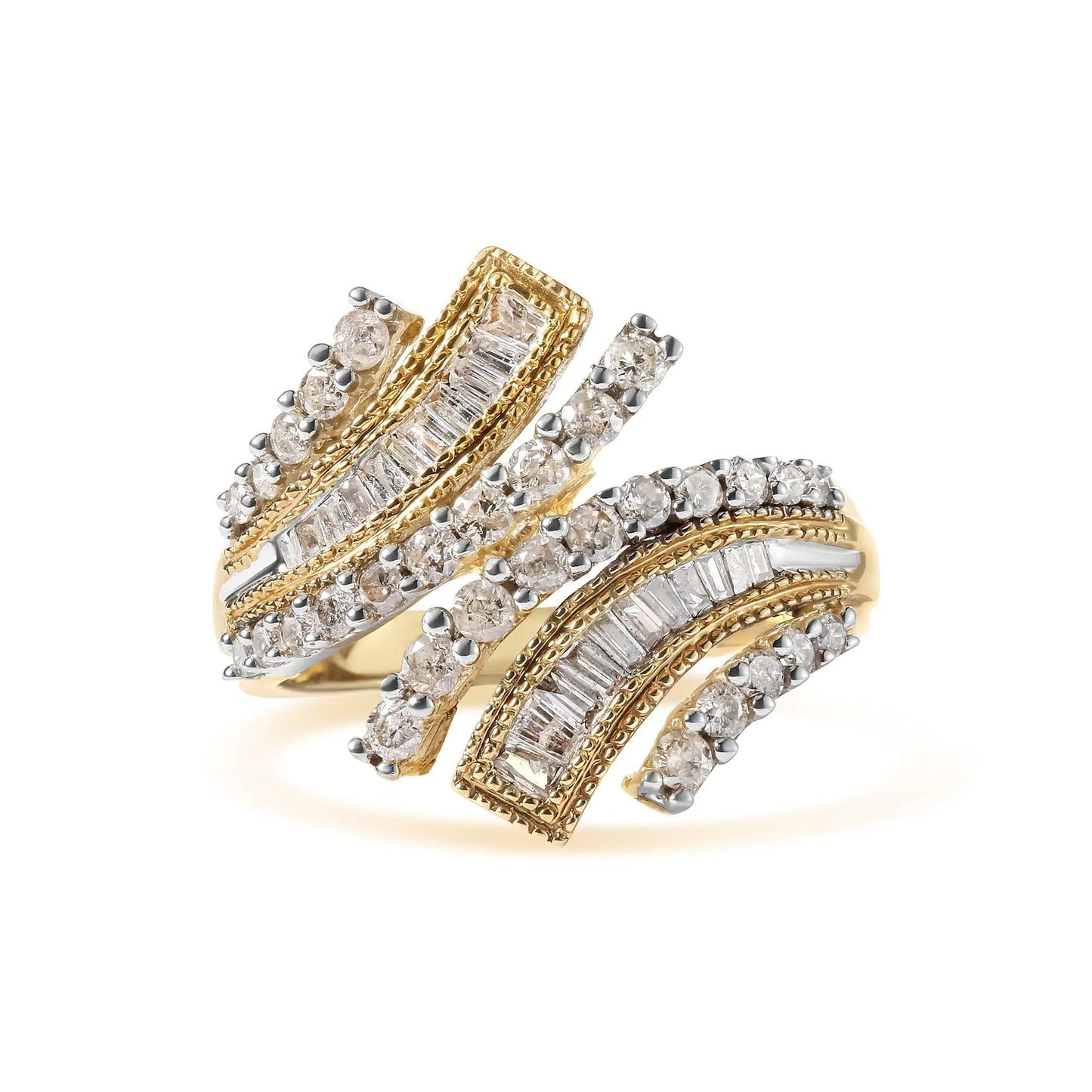 10K Yellow Gold 1.0 Cttw Round and Baguette Diamond Woven Bypass Ring (H-I,I1-I2) WEM Support (www.WEM.support)