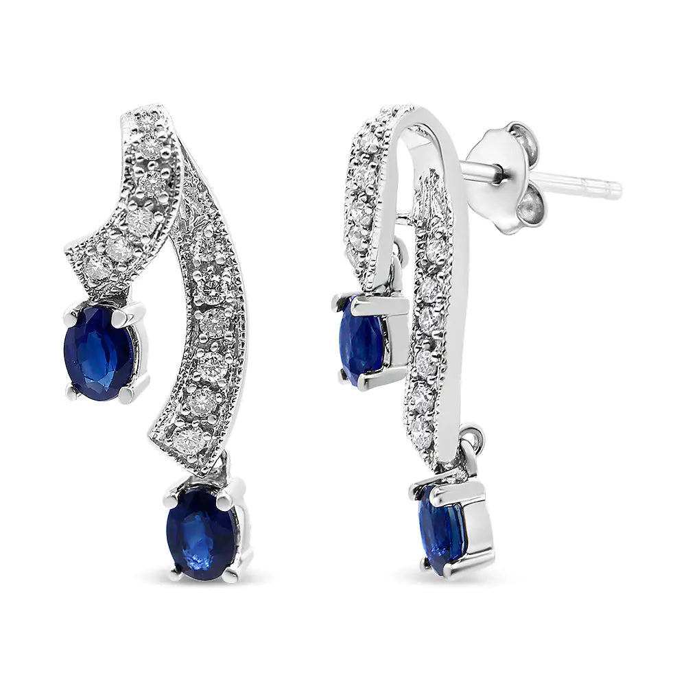 14K White Gold 4x3MM Oval Shaped Natural Blue Sapphire Gemstone and 1/5 Cttw Diamond Double 3/4" Inch Drop Stud Earrings (J-K Color, SI2-I1 Clarity) WEM Support (www.WEM.support)