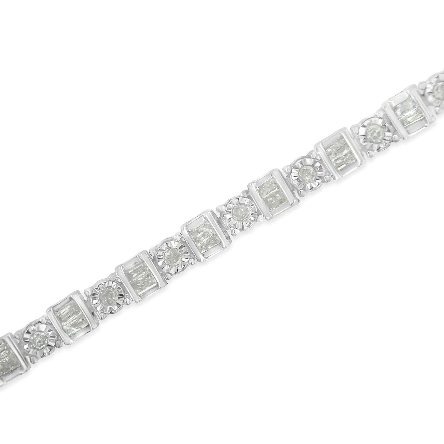10K White Gold 1.0 Cttw Baguette & Round Diamond Alternating Link Tennis Bracelet (I-J Color, I2-I3 Clarity) - 7” WEM Support (www.WEM.support)