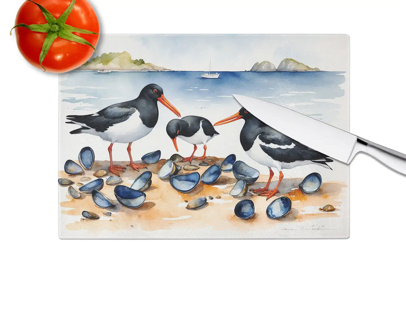 Oystercatchers Feeding Glass Cutting Board WEM Support (www.WEM.support)