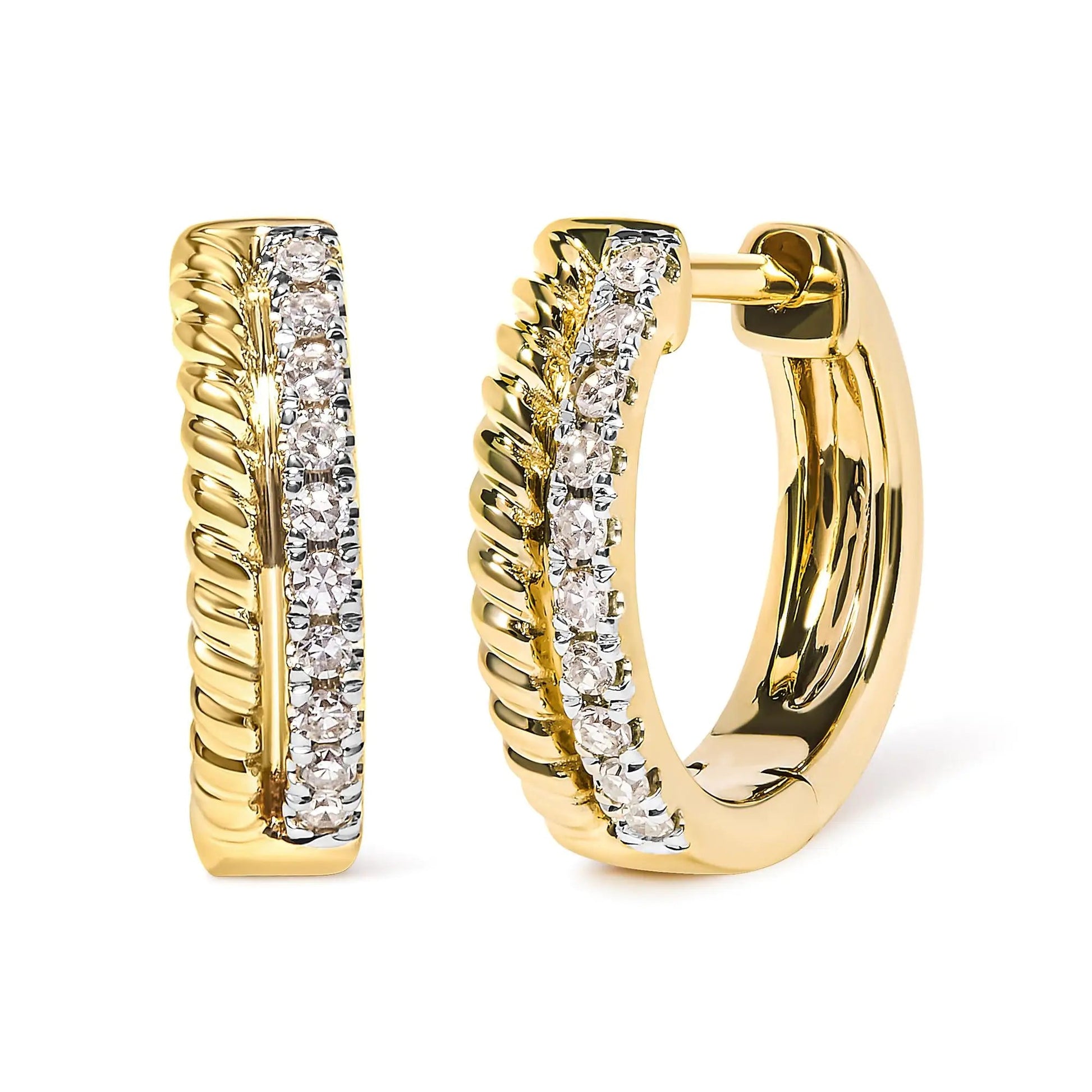 10K Yellow Gold 1/10 Cttw Diamond and Rope Twist Huggy Hoop Earrings (H-I Color, I1-I2 Clarity) WEM Support (www.WEM.support)