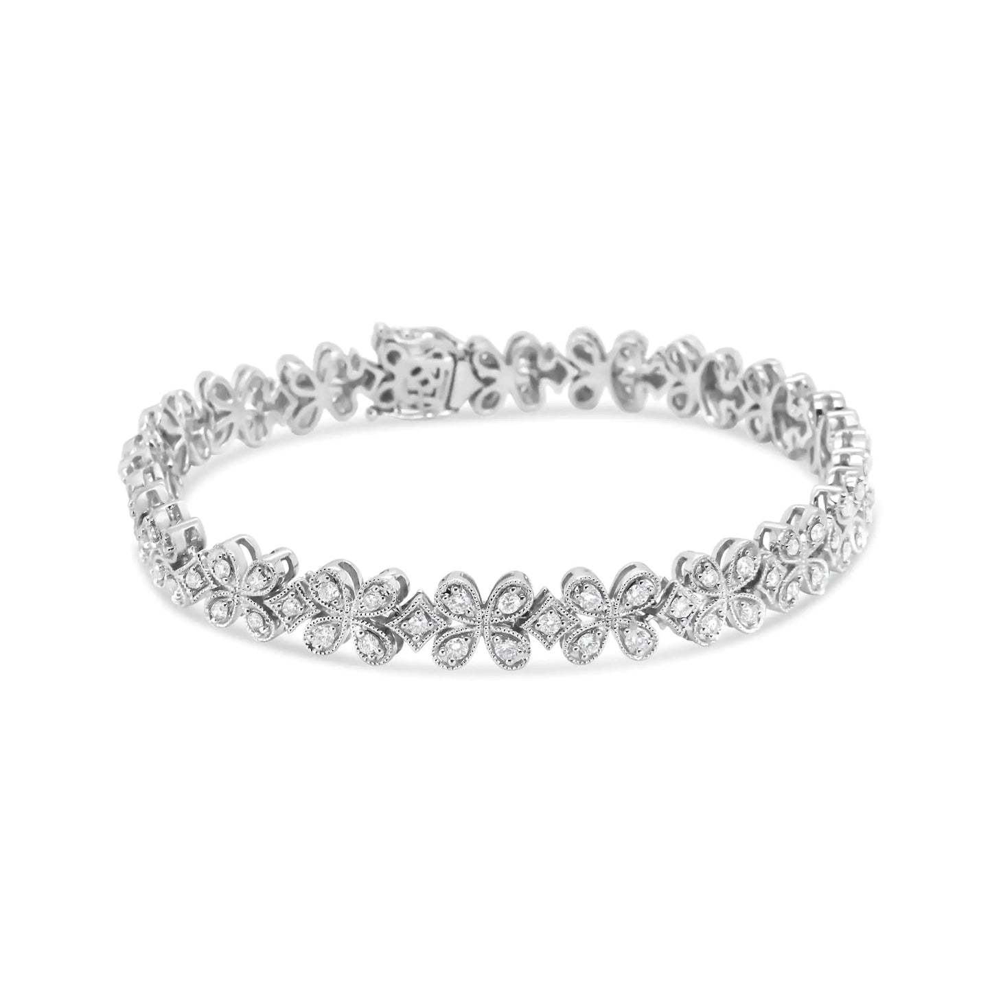 14K White Gold 1 1/2 Cttw Round Diamond Floral Clover-Shaped Link Bracelet (H-I Color, SI1-SI2 Clarity) - Size 7" WEM Support (www.WEM.support)