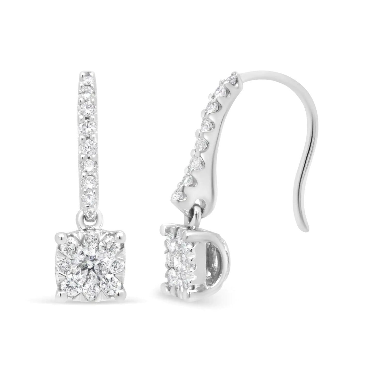 14K White 1/2 Cttw Round Diamond Halo Dangle Hook Earring - (H-I Color, SI2-I1 Clarity) WEM Support (www.WEM.support)