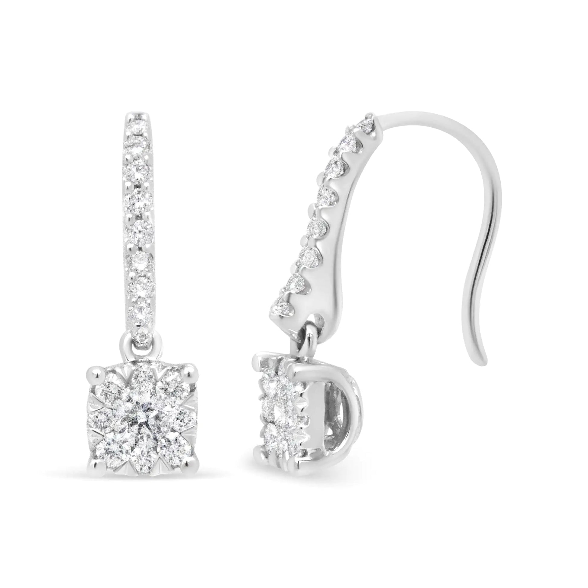 14K White 1/2 Cttw Round Diamond Halo Dangle Hook Earring - (H-I Color, SI2-I1 Clarity) WEM Support (www.WEM.support)