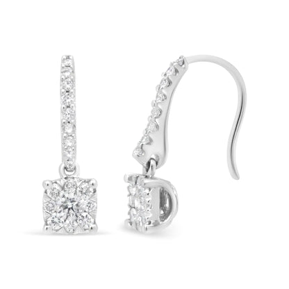 14K White 1/2 Cttw Round Diamond Halo Dangle Hook Earring - (H-I Color, SI2-I1 Clarity) WEM Support (www.WEM.support)