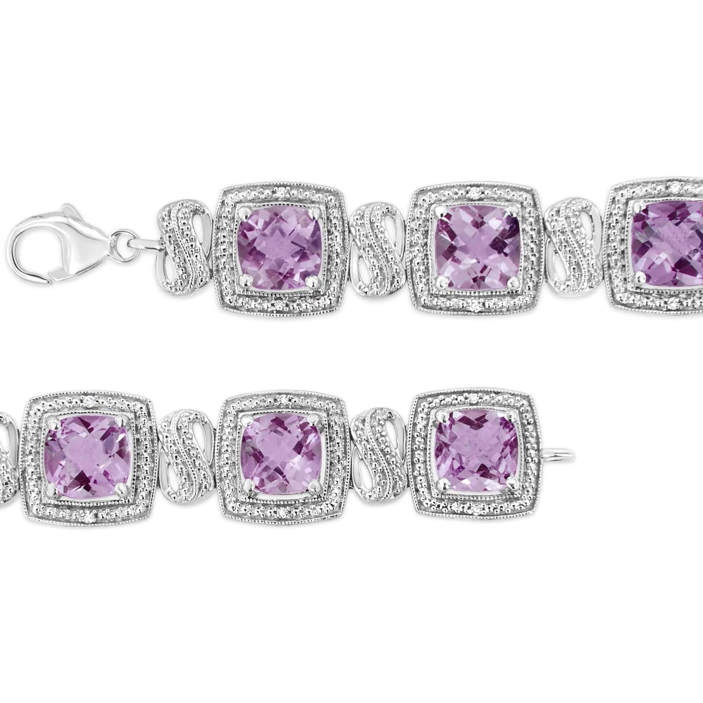.925 Sterling Silver 7x7 mm Cushion Cut Purple Amethyst and 1/10 cttw Round Cut Diamond Square Shape Tennis Bracelet (I-J Color, I1-I2 Clarity) - 7" WEM Support (www.WEM.support)