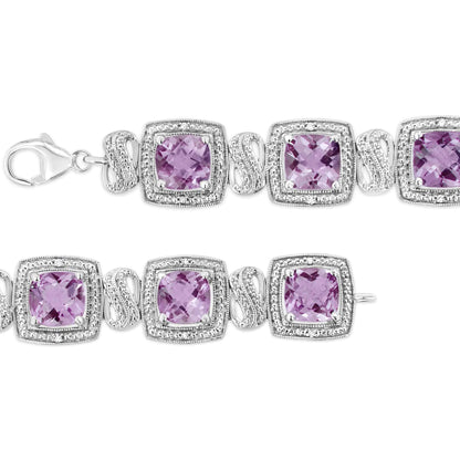 .925 Sterling Silver 7x7 mm Cushion Cut Purple Amethyst and 1/10 cttw Round Cut Diamond Square Shape Tennis Bracelet (I-J Color, I1-I2 Clarity) - 7" WEM Support (www.WEM.support)
