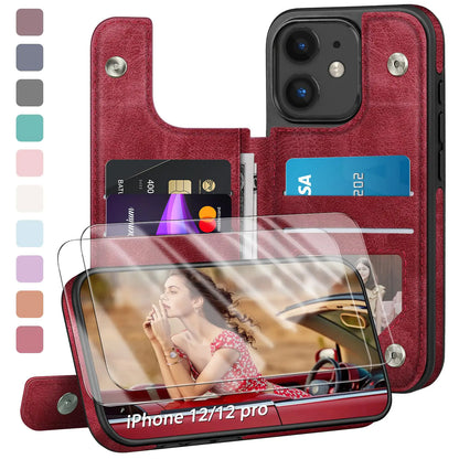 Designed for iPhone 12/12 Pro Case Wallet, Card Holder Case with [2 Screen Protectors][Magnetic Clasp Folio Cover][RFID Blocking Leather] Shockproof Women Men Cases 6.1" for Apple 12 Light Brown