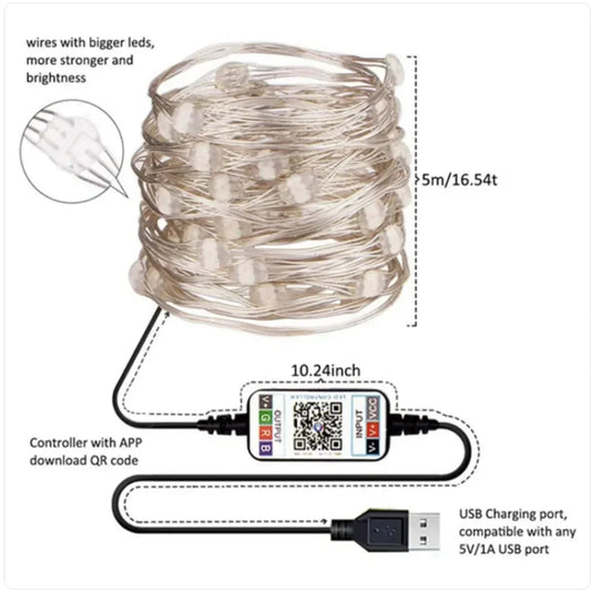 Luzes de Cordão de Arame de Cobre Controladas por Bluetooth com Sincronização Musical WEM Support (www.WEM.support)