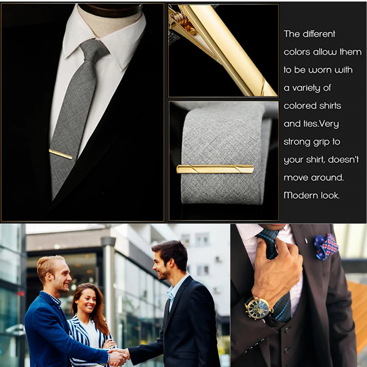 4PCS Mens Stainless Steel Tie Clip Necktie Bar Clasp Clamp Pin Gold Black Silver WEM Support (www.WEM.support)