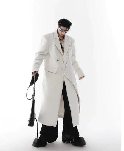 White Padded Shoulder Woolen Trench Coat WEM Support (www.WEM.support)