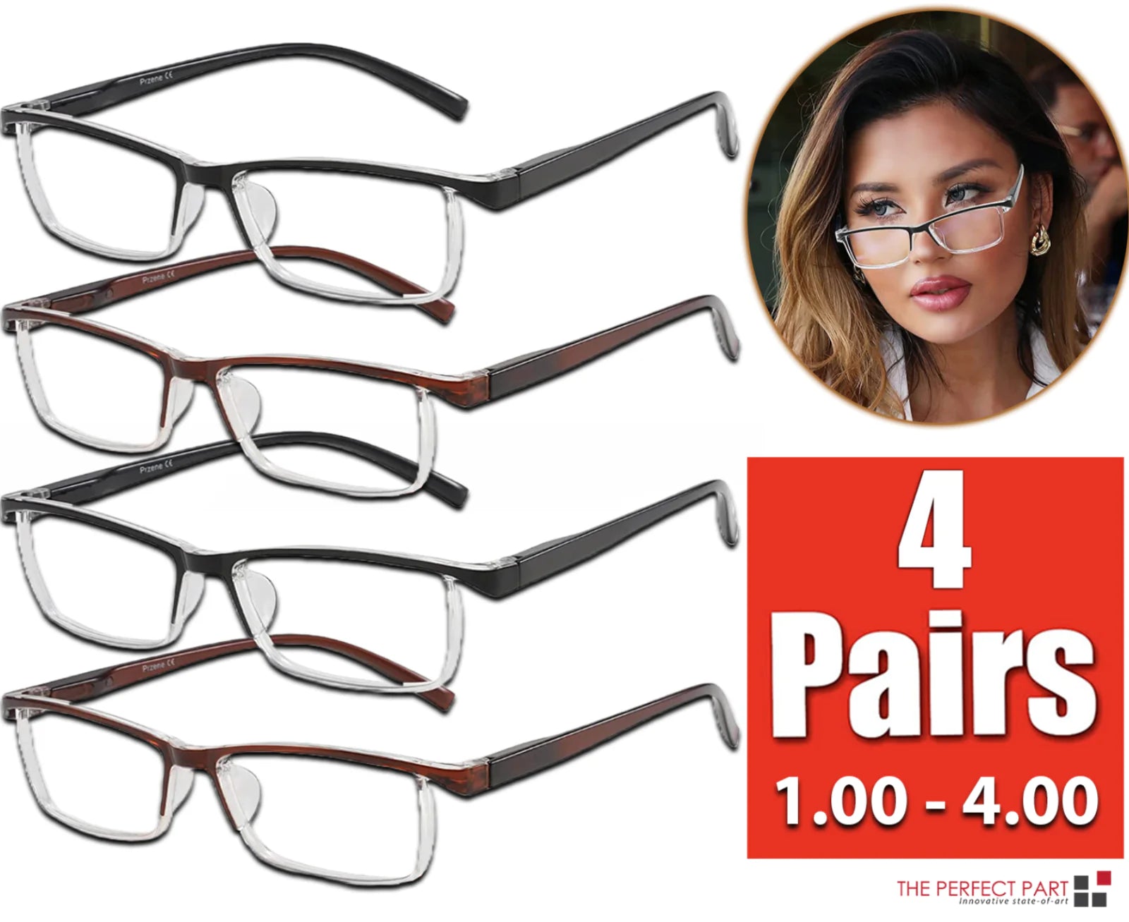 4 Pack Reading Glasses Readers Men Women Square Frame Spring Hinge Unisex Pairs WEM Support (www.WEM.support)