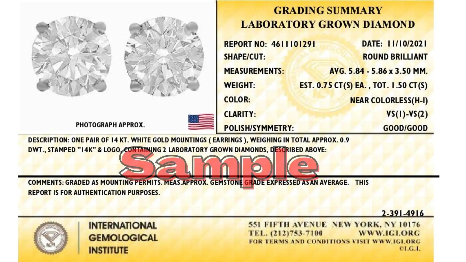 IGI Certified 14K White Gold 1 1/2 Cttw Lab Grown Diamond Solitaire Stud Earrings with Screwbacks (H-I Color, VS1-VS2 Clarity) WEM Support (www.WEM.support)