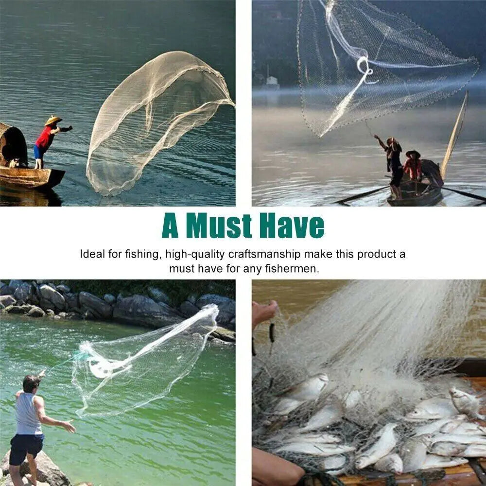 6/8/10/12/16FT Fishing Cast Net Bait Easy Throw Hand Cast Strong Nylon Mesh USA WEM Support (www.WEM.support)