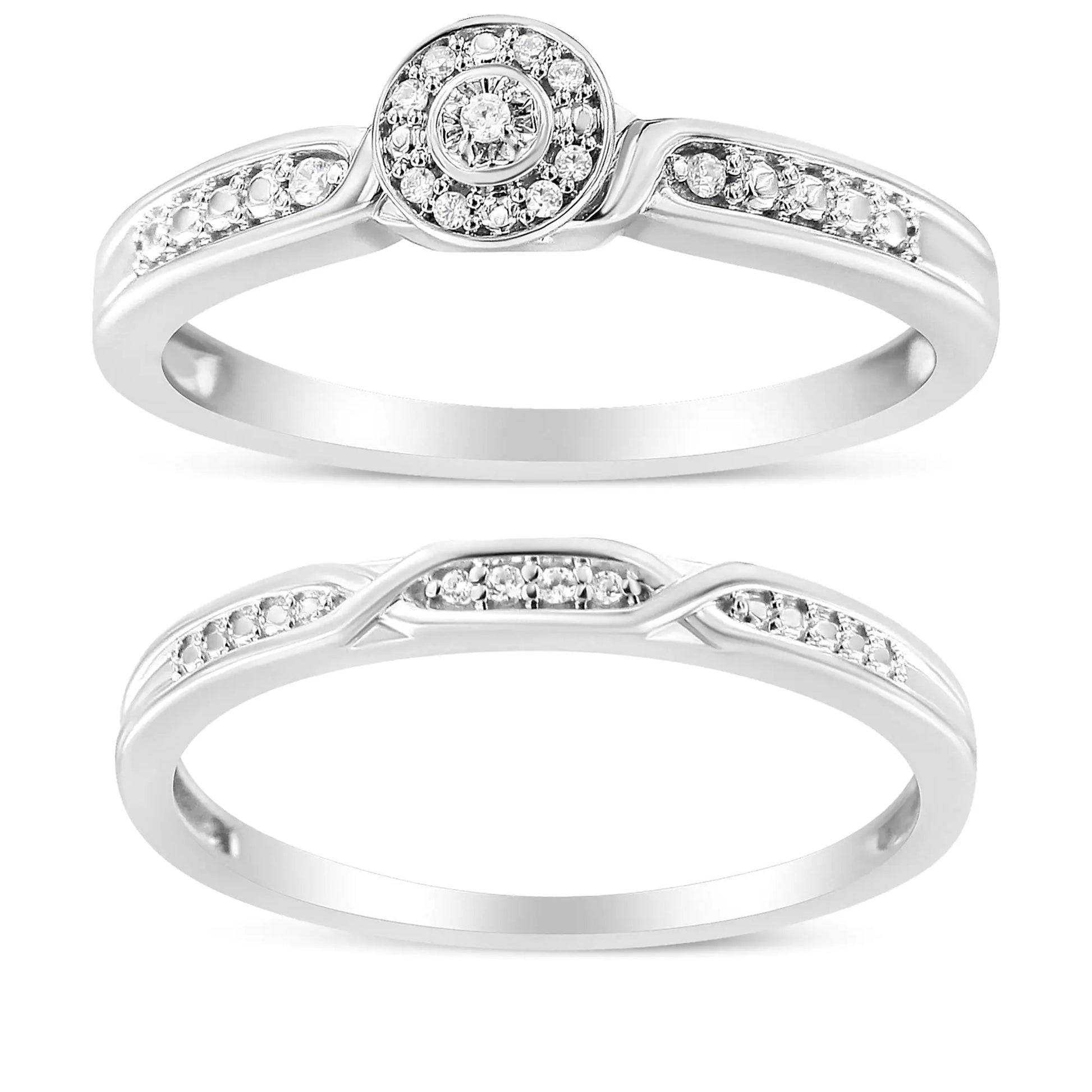 .925 Sterling Silver Diamond Accent Frame Twist Shank Bridal Set Ring and Band (I-J Color, I3 Clarity) WEM Support (www.WEM.support)