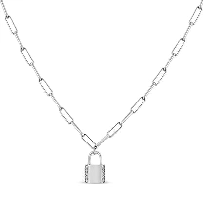 .925 Sterling Silver 1/10 Cttw Round Diamond Lock Pendant Paperclip Chin Necklace (H-I Color, SI1-SI2 Clarity) WEM Support (www.WEM.support)