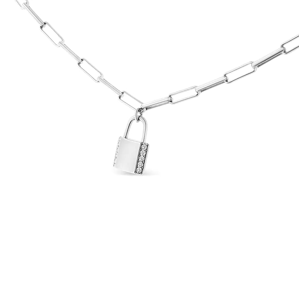 .925 Sterling Silver 1/10 Cttw Round Diamond Lock Pendant Paperclip Chin Necklace (H-I Color, SI1-SI2 Clarity) WEM Support (www.WEM.support)