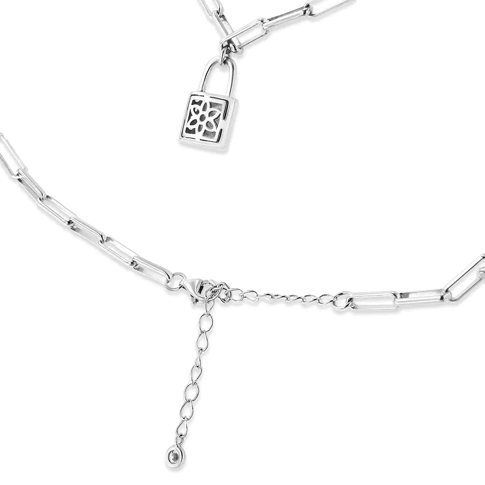.925 Sterling Silver 1/10 Cttw Round Diamond Lock Pendant Paperclip Chin Necklace (H-I Color, SI1-SI2 Clarity) WEM Support (www.WEM.support)