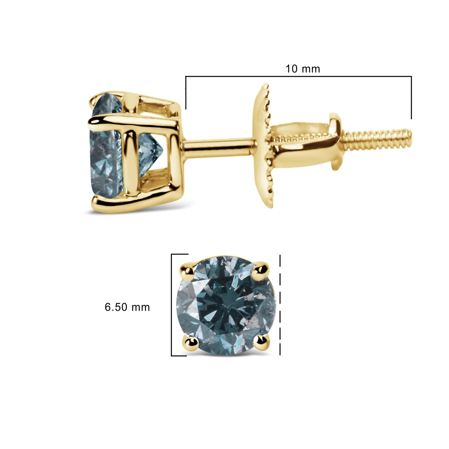 14K Gold Round Brilliant Cut Lab Grown Blue Diamond 4-Prong Classic Solitaire Stud Earrings with Screwbacks WEM Support (www.WEM.support)