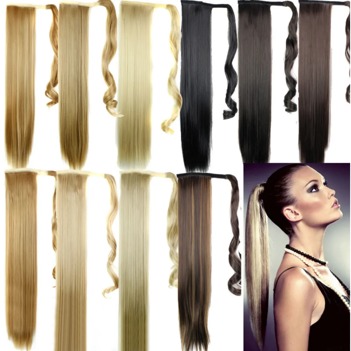 Synthetic Long Straight Wrap Around Hair Extension WEM Support (www.WEM.support)