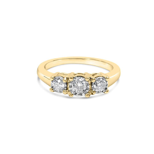 10K Yellow Gold 1/2 Cttw Miracle Set Round Diamond Three Stone Illusion Plate Ring (I-J Color, I2-I3 Clarity) WEM Support (www.WEM.support)