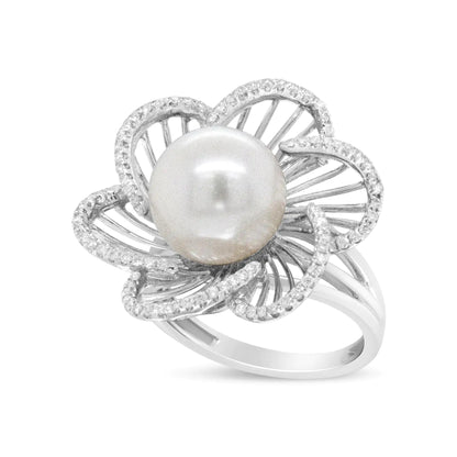 14K White Gold 11mm Round Pearl and 1/3 Cttw Round Diamond Openwork Flower Blossom Ring (H-I Color, VS1-VS2 Clarity) WEM Support (www.WEM.support)