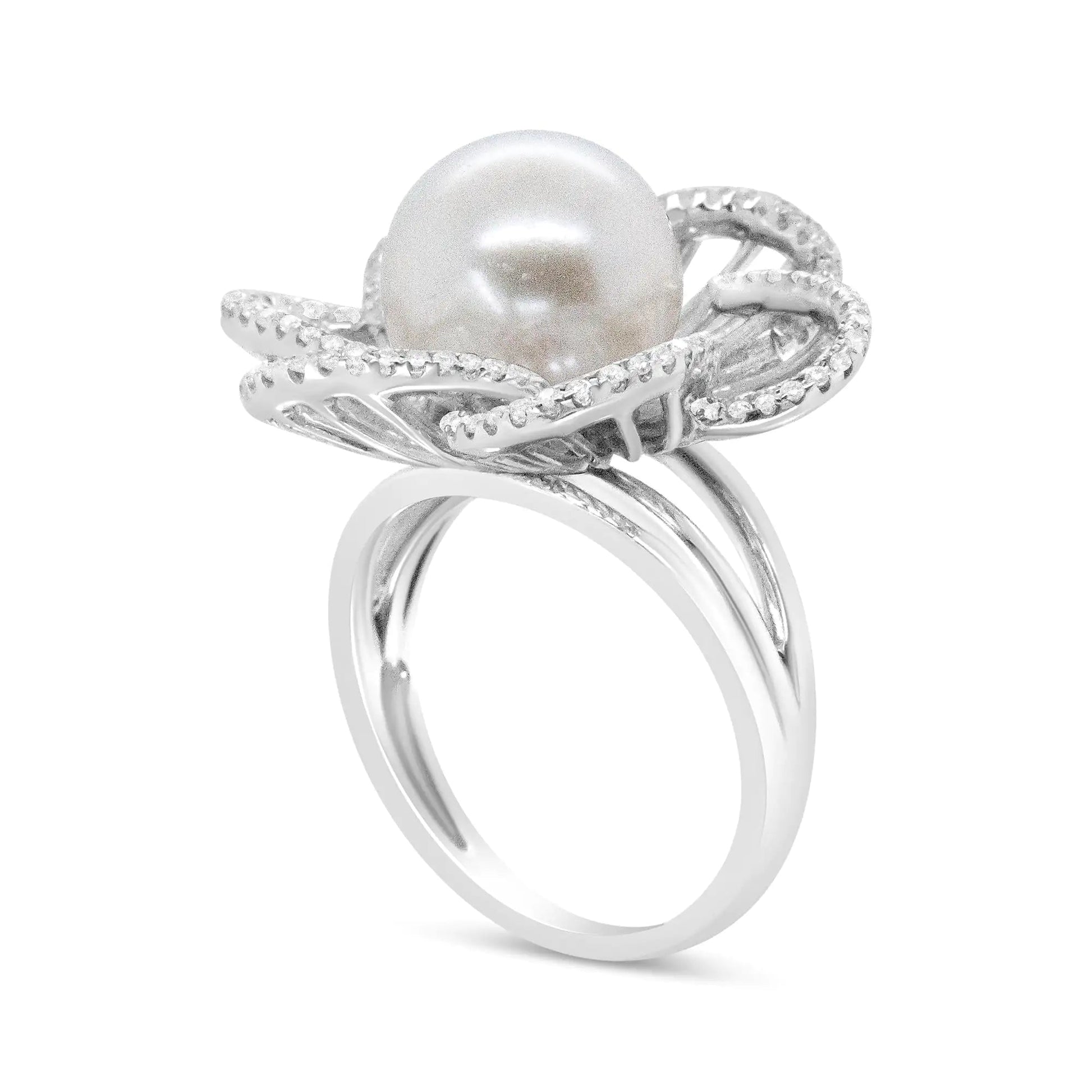 14K White Gold 11mm Round Pearl and 1/3 Cttw Round Diamond Openwork Flower Blossom Ring (H-I Color, VS1-VS2 Clarity) WEM Support (www.WEM.support)