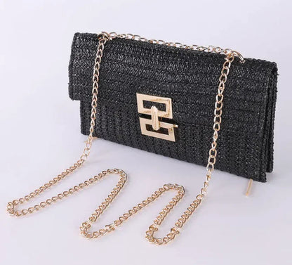 Women's Chain Flap Screw Lock Straw Bag WEM Support (www.WEM.support)
