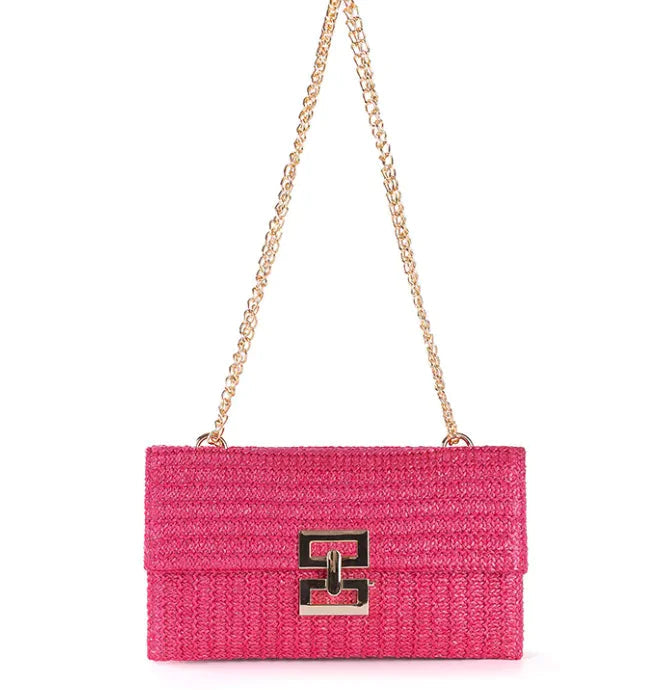 Women's Chain Flap Screw Lock Straw Bag WEM Support (www.WEM.support)