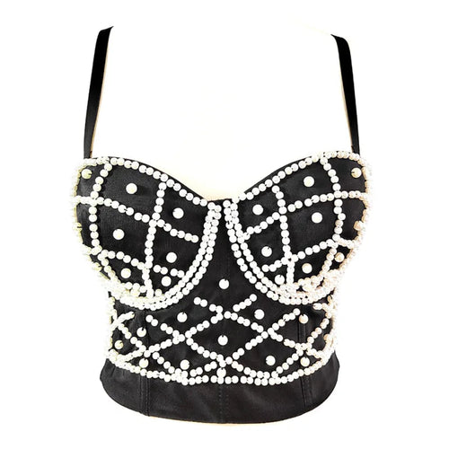 Women's Fashionable Elegant Pearl Spaghetti-strap Camisole Top With Chest Pad WEM Support (www.WEM.support)