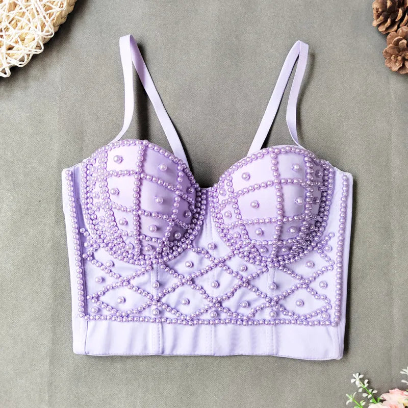 Women's Fashionable Elegant Pearl Spaghetti-strap Camisole Top With Chest Pad WEM Support (www.WEM.support)