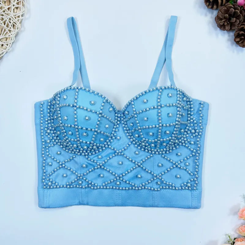 Women's Fashionable Elegant Pearl Spaghetti-strap Camisole Top With Chest Pad WEM Support (www.WEM.support)