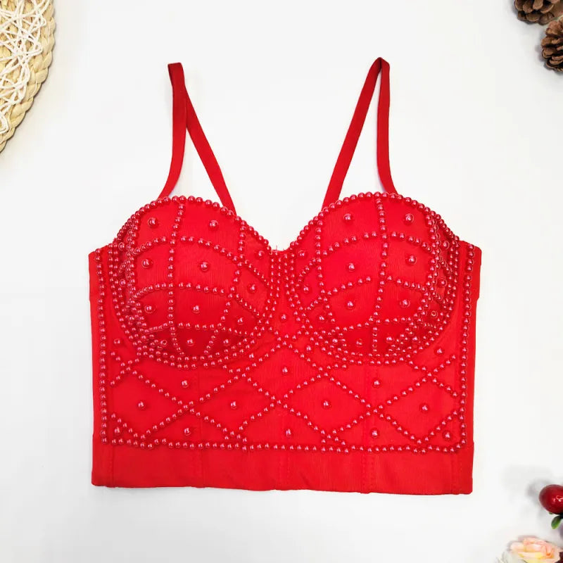 Women's Fashionable Elegant Pearl Spaghetti-strap Camisole Top With Chest Pad WEM Support (www.WEM.support)