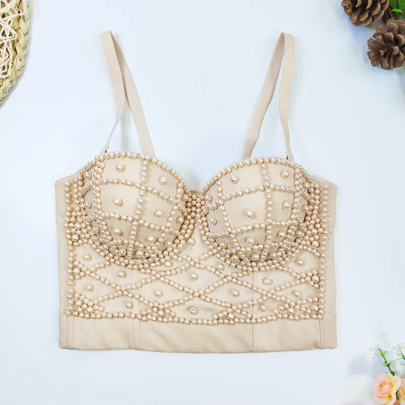 Women's Fashionable Elegant Pearl Spaghetti-strap Camisole Top With Chest Pad WEM Support (www.WEM.support)