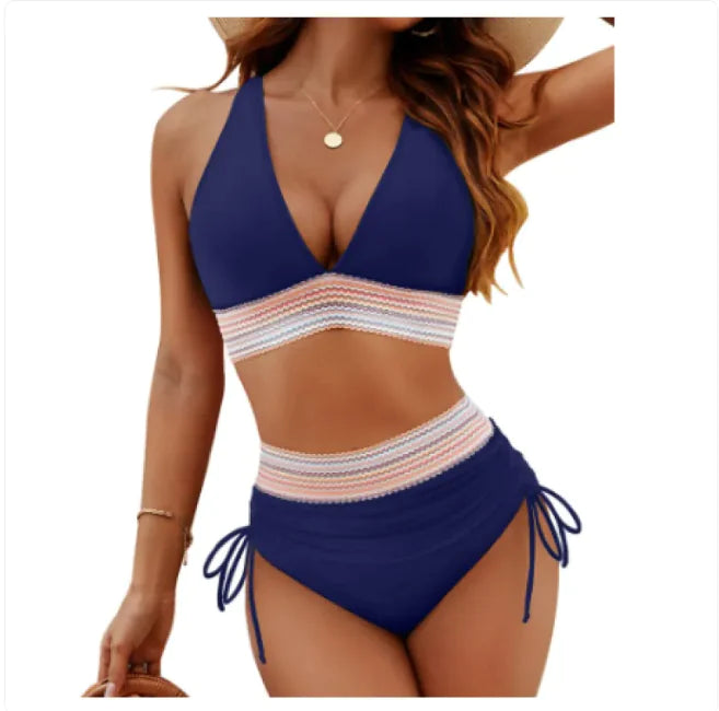 High-Waist Color Block Bikini Set with Drawstring Detail WEM Support (www.WEM.support)