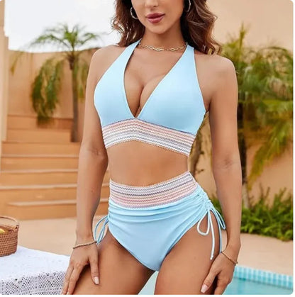 High-Waist Color Block Bikini Set with Drawstring Detail WEM Support (www.WEM.support)