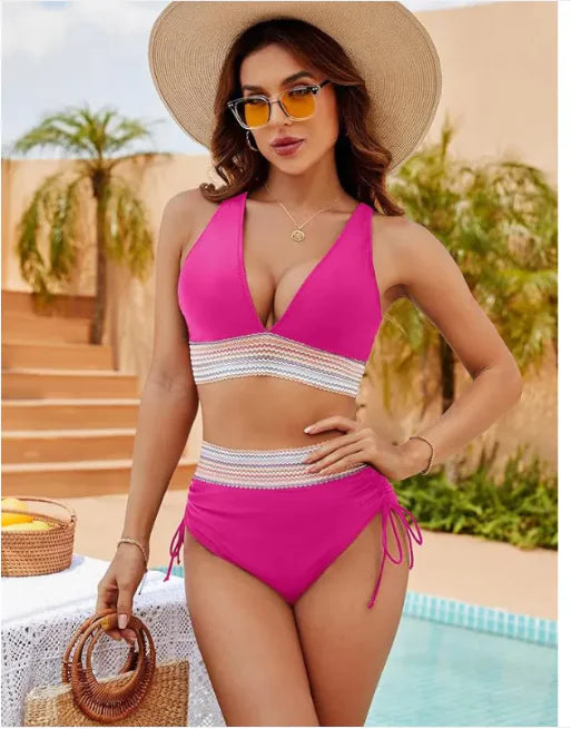 High-Waist Color Block Bikini Set with Drawstring Detail WEM Support (www.WEM.support)
