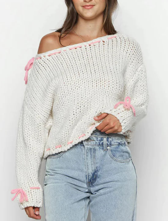 Bowknot Y2K Sweater – Long Sleeve Knit Top WEM Support (www.WEM.support)