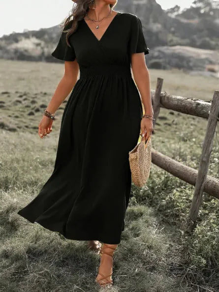 Solid Color And V-neck Bell Sleeve Elastic And Waisted Slimming Slit Long Dress WEM Support (www.WEM.support)