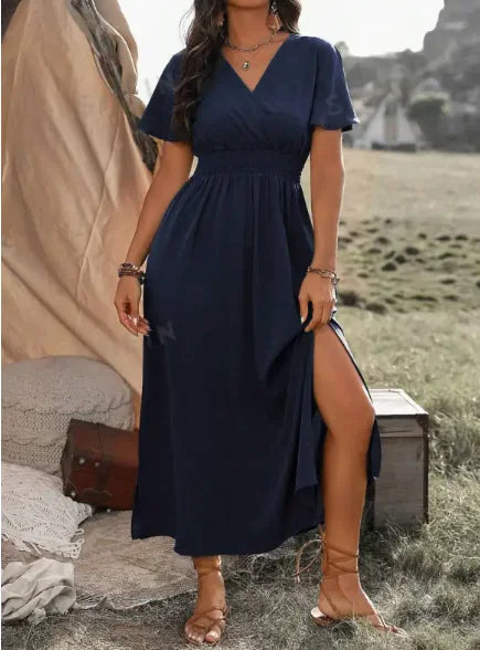 Solid Color And V-neck Bell Sleeve Elastic And Waisted Slimming Slit Long Dress WEM Support (www.WEM.support)