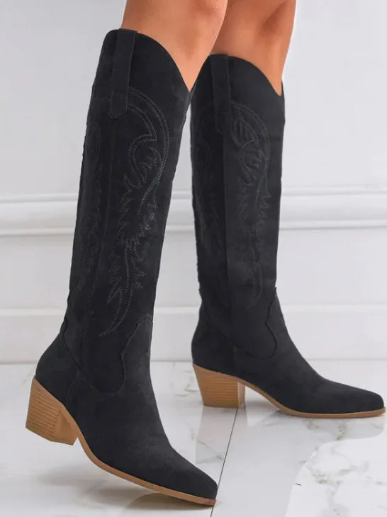 Chunky Heel Knee-high Embroidery Slip-on Middle Boots WEM Support (www.WEM.support)