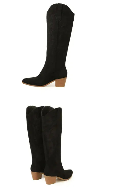 Chunky Heel Knee-high Embroidery Slip-on Middle Boots WEM Support (www.WEM.support)