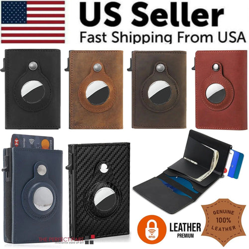 For Airtag Wallet Case Genuine Leather Credit Card Holder Magnetic Air Tag Cover WEM Support (www.WEM.support)