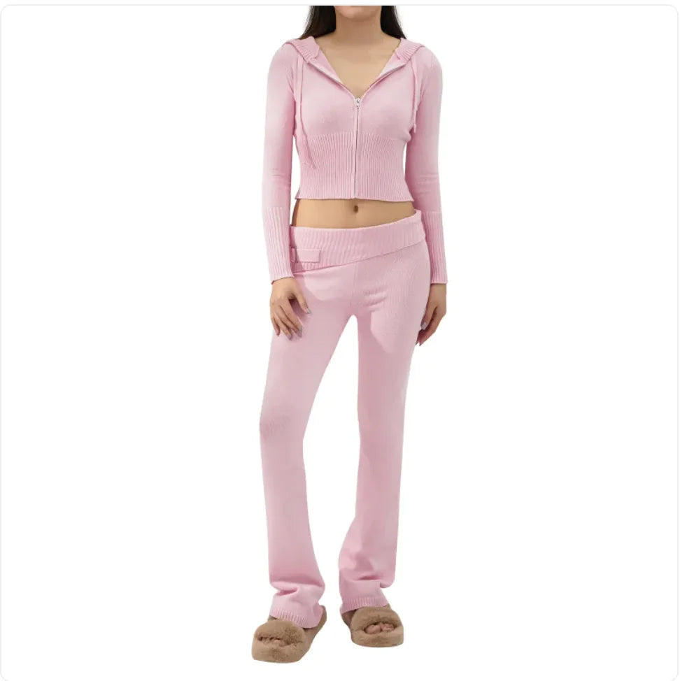 Women’s 2-Piece Knitted Hooded Set - Long-Sleeve Cardigan & High-Waist Trousers WEM Support (www.WEM.support)