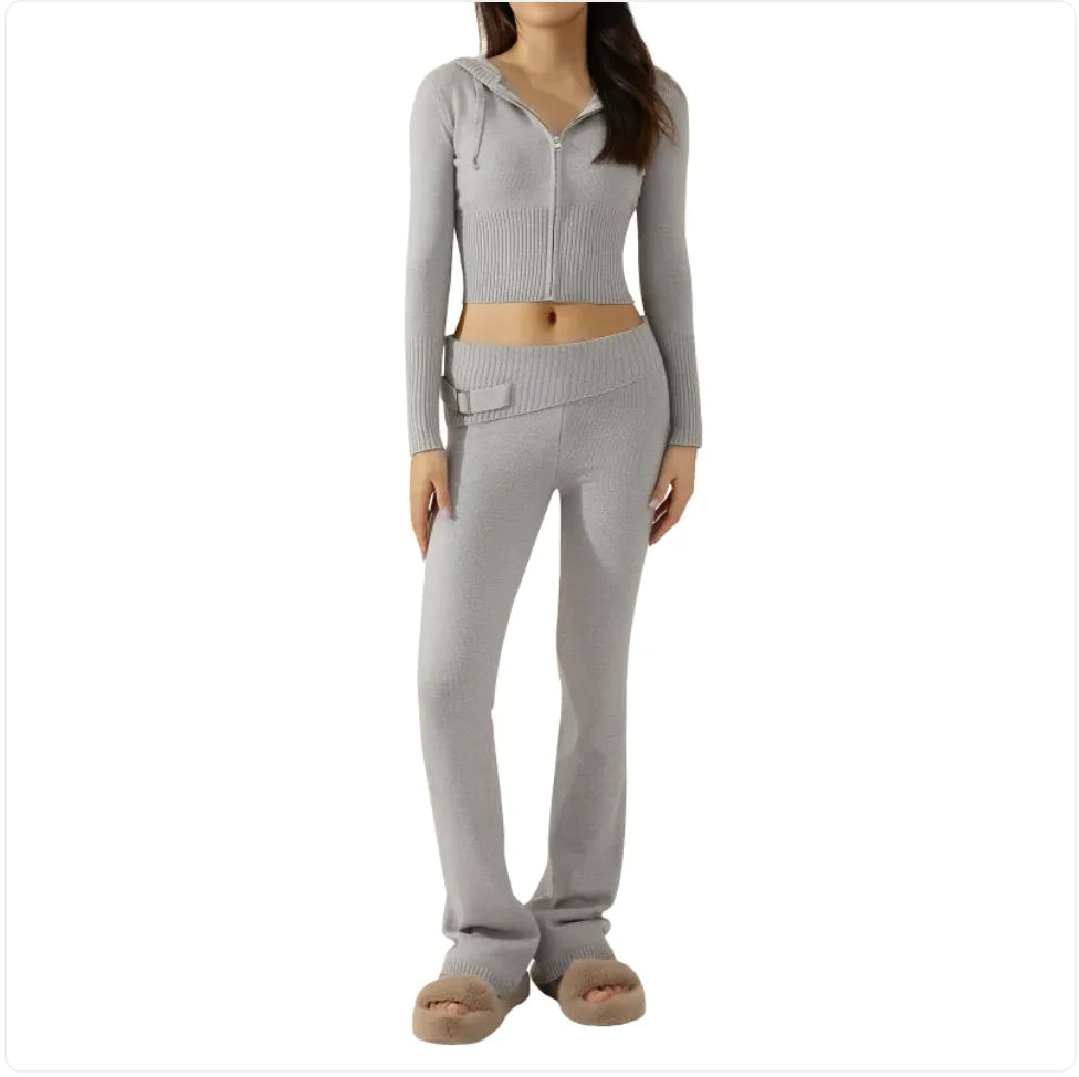 Women’s 2-Piece Knitted Hooded Set - Long-Sleeve Cardigan & High-Waist Trousers WEM Support (www.WEM.support)