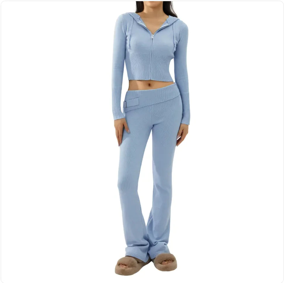 Women’s 2-Piece Knitted Hooded Set - Long-Sleeve Cardigan & High-Waist Trousers WEM Support (www.WEM.support)