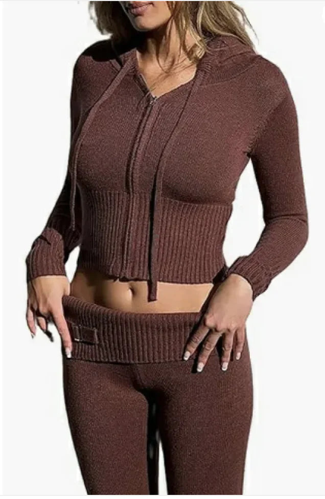 Women’s 2-Piece Knitted Hooded Set - Long-Sleeve Cardigan & High-Waist Trousers WEM Support (www.WEM.support)