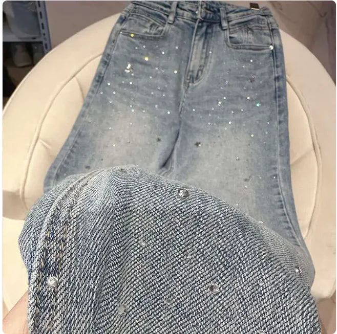 High-Waist Rhinestone Straight-Leg Jeans WEM Support (www.WEM.support)