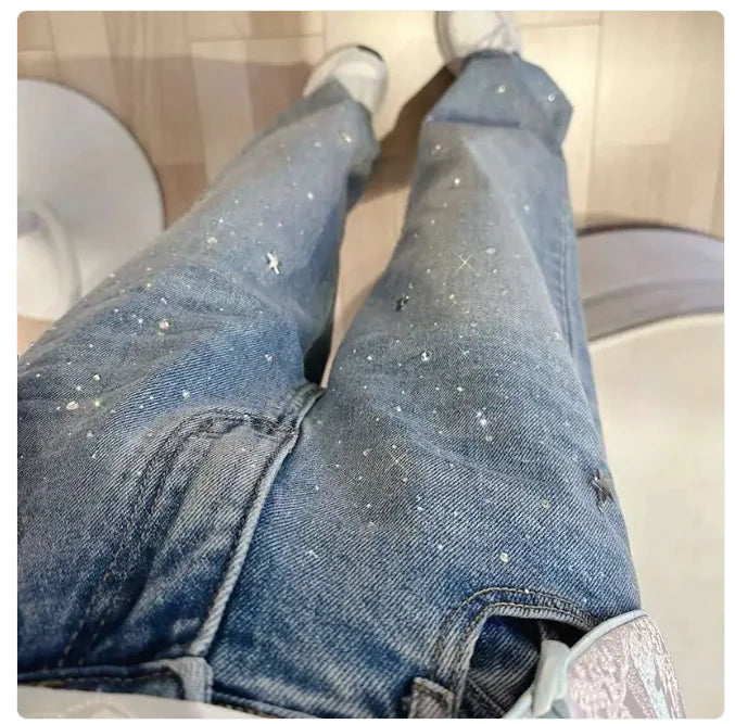 High-Waist Rhinestone Straight-Leg Jeans WEM Support (www.WEM.support)